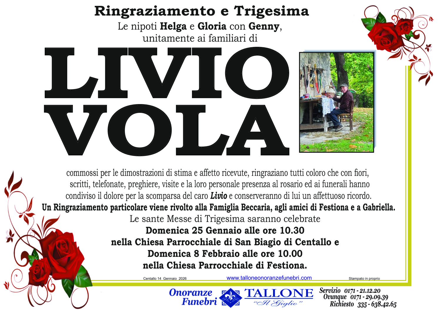 <br />
<b>Warning</b>:  Undefined variable $info in <b>/home/tallone/public_html/ringraziamenti.php</b> on line <b>68</b><br />
Livio Vola